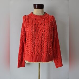 HEARTLOOM Orange Cable Knit  Sweater With Pompoms. Size Small